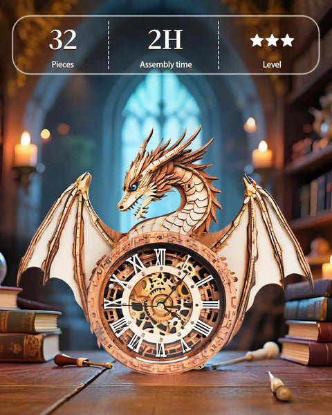 Epic 3D Dragon Clock Kit For Adults With Pendulum Wooden Puzzle Wall Decor Realistic Dragon King Theme Removable Pendulum And Hour Hand Perfect Gift For Men And Women Who Dig Puzzles And Home Decor. 32-piece Linden wood dragon clock with Roman numerals
