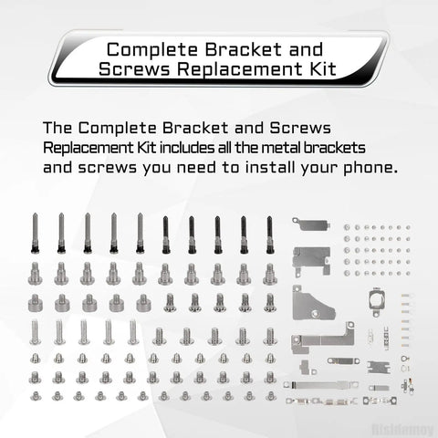 Smooth Swap Hardware Fix For iPhone 15 Packing A Full Screw Set And Rugged Metal Bracket Replacement Plate For No Hassle Click Install On A2846 A3089 A3090 A3092 Devices with assorted screws and metal brackets.