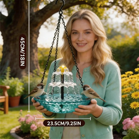 Woman holding Solar Cascade Hanging Bird Bath Fountain With Auto Pump, Outdoor Bird Bowl Water Feature For Hummingbirds.