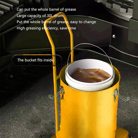 Dead Nuts Tough Pneumatic Grease Pump Pushing Serious Pressure Up To Thirty Liters For Five Gallon Drums Mounted On Smooth Roll Casters With A Sixteen Foot Reinforced Line For No Fuss Shop Jobs And Quick Fixes