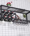 Industrial Wall Mounted Wine Rack With Stemware Holders Two Tier Iron Bar Shelf Bottle Display For Home Kitchen Decor, featuring wine bottles and glass holders.