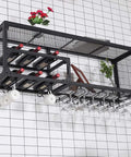 Badass Industrial Wall Mounted Wine Rack Featuring Hella Heavy Duty Iron Build with bottle and glass storage.