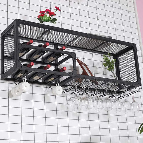 Badass Industrial Wall Mounted Wine Rack Featuring Hella Heavy Duty Iron Build with bottle and glass storage.