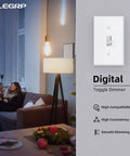 Digital Toggle Dimmer Switch for Dimmable LED, CFL, and Incandescent Lights, smooth dimming feature in a cozy living room.