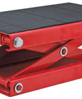 Beefy Wide Motorcycle Scissors Jack With 14 Inch Lift, 1000 Lb Capacity, red steel frame with rubber platform pad, side view