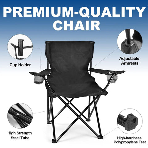Black camping chair with cup holder, adjustable armrests, and high-strength steel frame for Two Pack Ultra Lightweight Camping Chairs For Adults And Teens, 250 Lb Capacity, Foldable Portable Chairs With Carry Bag, Grab And Go Convenience For Camping, Beach, Picnics, And Outdoor Events.