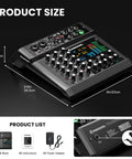 Six Channel Audio Interface Mixer With 99 DSP Digital Effects Bluetooth USB RCA Interface for recording and streaming