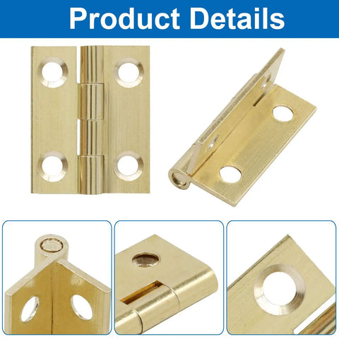 Compact Brass Mini Hinges One Inch Ten Pack With Pre Drilled Screws Ideal For Jewelry Boxes Woodworking Crafts And Tiny Gift Cases Totally Reliable Hardware That Really Hits The Spot Fast Installing Slick Finish You Gotta Have On Deck showing detailed views of hinges.