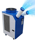 Heavy Duty 220V Industrial Air Conditioner Featuring Dual Adjustable Ducts And Intelligent Digital Panel Portable Spot Cooler with twin ducts blowing cool air.