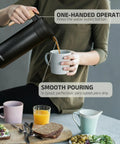 Person pouring coffee from Double Walled Stainless Steel Thermal Coffee Carafe 51 Oz Keeps Your Drinks Hot Or Cold For Hours, 1.5 L Beverage Dispenser With BPA Free Lid, Home Office Party Fresh Brew On Demand, Black into cup