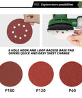 Solid Heavy Duty Five Inch Random Orbital Sander With Sweet Variable Speed Control Up To Thirteen Thousand Rpms And No Dust Cleanup Plus Loads Of Twenty One Piece Sandpaper For Easy Refinishing Jobs showing P60, P120, P180 sandpaper options for quick change.