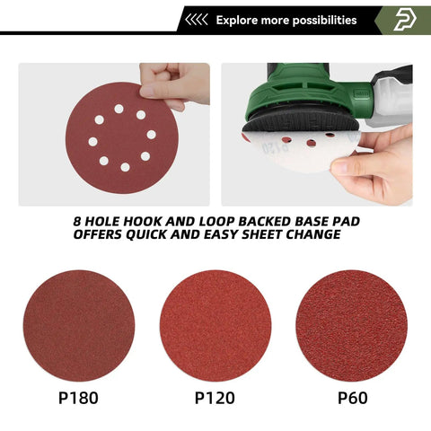 Solid Heavy Duty Five Inch Random Orbital Sander With Sweet Variable Speed Control Up To Thirteen Thousand Rpms And No Dust Cleanup Plus Loads Of Twenty One Piece Sandpaper For Easy Refinishing Jobs showing P60, P120, P180 sandpaper options for quick change.