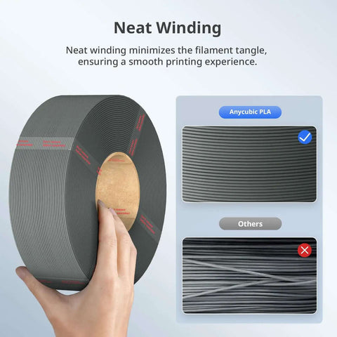 Hand holding 1kg gray PLA filament refill with neat winding for reusable spools, illustrating eco-friendly, wallet-friendly design.