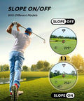 Golfer using the Golf Rangefinder 800 Yards With Slope And Flag Lock Vibration, showing slope on/off comparison.