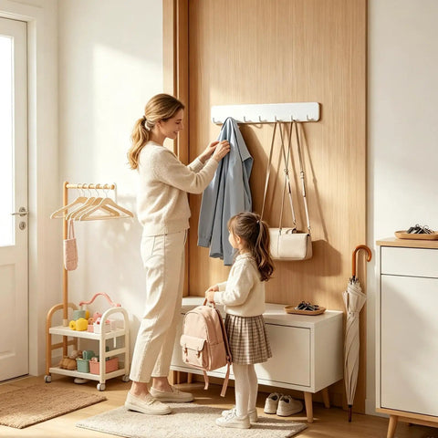 Premium Heavy Duty Self Adhesive Coat Rack Wall Mount Featuring Seven Robust Hooks For A Total Breeze Entryway Organization Dorm Room Key Holder Storage Rack in a modern hallway with mother and daughter.