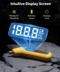 Digital tire pressure gauge with blue LED display up to 200 PSI, yellow handheld unit