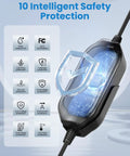 Badass Range Ready Portable EV Charger With Adjustable 16A Current 21 Ft J1772 Cable safety features display with 10 protections.
