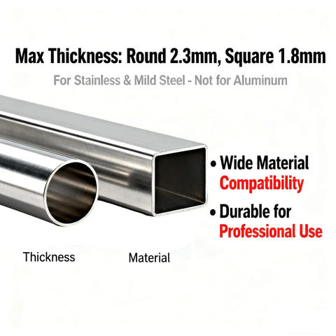 Max thickness for 110V Electric Pipe Bender Machine For Round And Square Steel Tubing, showcasing round and square steel pipes.