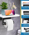 Modern Matte Black Toilet Paper Holder With Shelf, Wall Mounted Bathroom Tissue Dispenser displaying a marble shelf and phone.