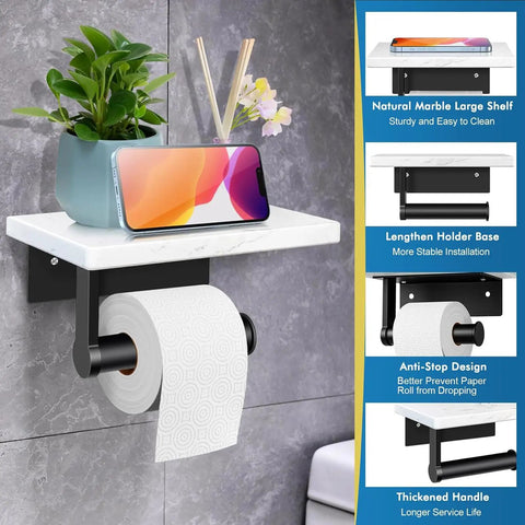 Modern Matte Black Toilet Paper Holder With Shelf, Wall Mounted Bathroom Tissue Dispenser displaying a marble shelf and phone.