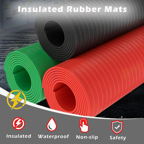 Top Notch Job Site Ready Heavy Duty Rubber Insulating Mat Badass Grip Non Slip Safety Cover for Electrical Rigs in red, green and black.