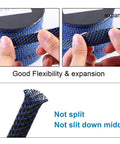 Person holding 100 Ft Half Inch PET Expandable Braided Cable Sleeving Black Blue For Auto Audio And HDMI Wiring, showing flexibility.
