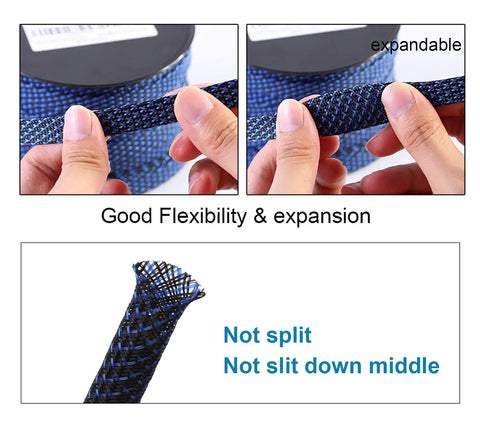 Person holding 100 Ft Half Inch PET Expandable Braided Cable Sleeving Black Blue For Auto Audio And HDMI Wiring, showing flexibility.