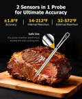 Wireless Meat Thermometer With App Control Four Probes And Unlimited Range inserted in meat showing accuracy and temperature details.