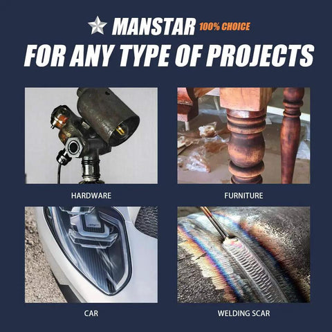 Four images showing projects: spray gun for hardware, table leg for furniture, car headlight, welding on metal.