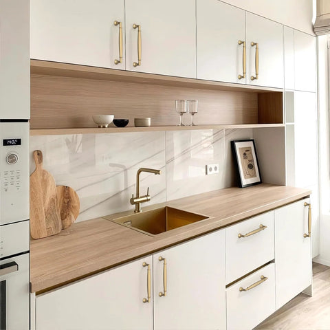 Champagne Bronze Cabinet Pulls 5 Inch 128mm 10 Pack for Kitchen Cabinets and Drawers installed on white kitchen cabinetry