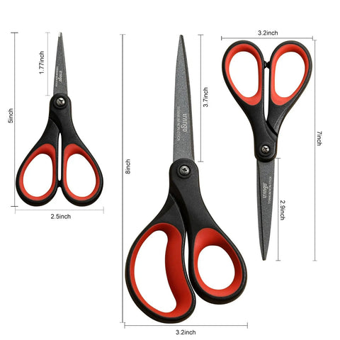 Workhorse Three Pack Titanium Coated Scissors Set For All Purpose Use, Nonstick Teflon Blades, Heavy Duty Office Shears, Sharp Stainless Steel, Multipurpose Cutters For Paper, Fabric, Cardboard And More. Three scissors set with 5, 7, and 8 inch blades.