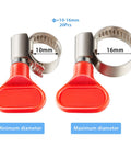 Stainless Steel Worm Gear Hose Clamps 10-16 mm with plastic handle, displayed at minimum and maximum size settings, bulk pack.