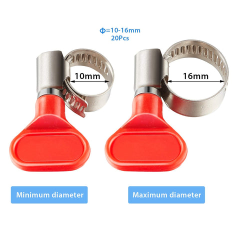 Stainless Steel Worm Gear Hose Clamps 10-16 mm with plastic handle, displayed at minimum and maximum size settings, bulk pack.