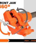 Front view of Heavy Duty Bench Vise With 5 Inch Jaw Opening And 360 Degree Swivel Base Anvil for woodworking and pipe work.