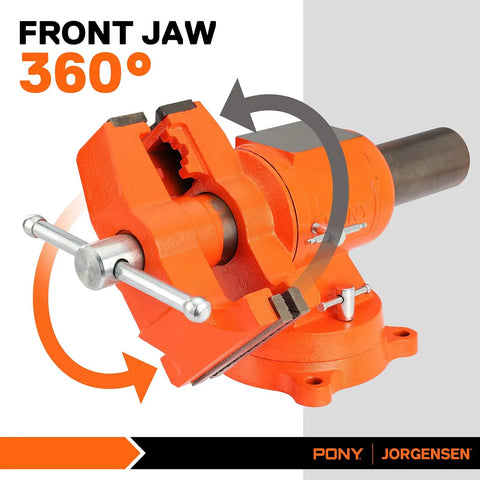 Front view of Heavy Duty Bench Vise With 5 Inch Jaw Opening And 360 Degree Swivel Base Anvil for woodworking and pipe work.
