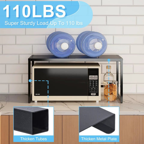 Expandable Metal Storage Shelves With 110 Lbs Capacity Heavy Duty Adjustable Rack above microwave with water jugs