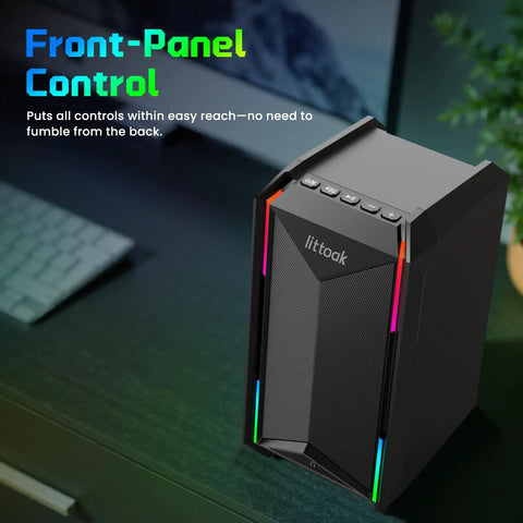 Beefy Desktop Computer Speaker, front-panel control, RGB lighting, for music and gaming, DC powered 30W peak, Bluetooth 5.3