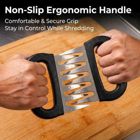 Person holding stainless steel meat claws with black handles on a cutting board, Stainless Steel Meat Claws For Shredding Pulled Pork And More.