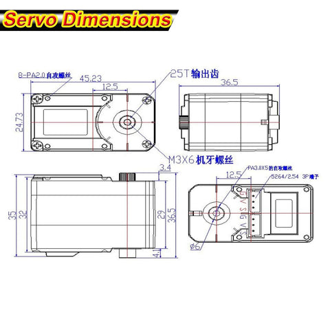 Technical drawing of Beefy 30Kg-Cm 12V Servo Motor With Magnetic Encoder And Position Feedback, TTL Control, Smart Servo dimensions.