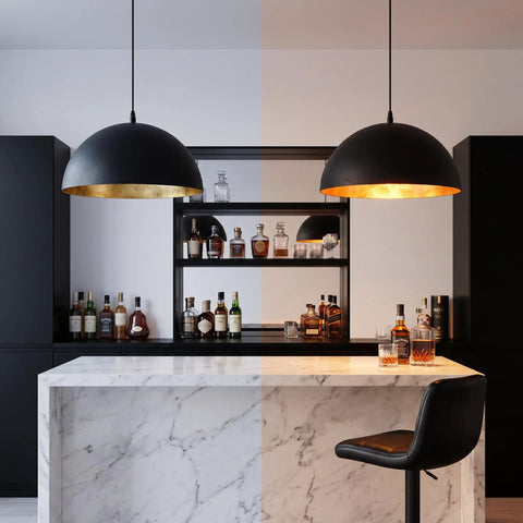 15" Black and Gold Dome Pendant Lights, 3 Pack Industrial Farmhouse Textured Matte Black Hanging Light Fixtures with Hand-Applied Gold Leaf Interior for Kitchen Island, Dining Room, Bar, E26 over a marble bar.