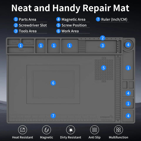 Heat Resistant Soldering Mat For Electronics Repair, Pro Grade Magnetic Silicone Work Pad With 110 Small Parts Compartments, 10 Accessory Zones, 3 Magnetic Areas, 17.7 By 11.8 Inches Gray, features labeled