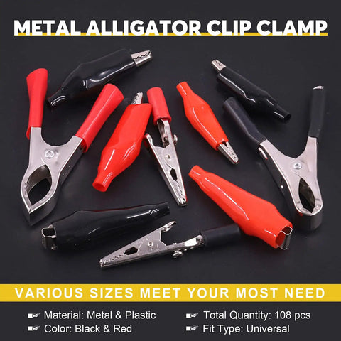 108 Piece 10 Type Metal Alligator Clip Clamp Kit With Red And Black Crocodile Clips shown in various sizes on black background
