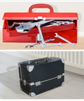 Orange Luggage Pull Handle Replacement 155mm shown on a red toolbox with open lid and on a closed black suitcase on the floor.