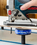 4 Pack 2 Inch T Track Risers for Bench Cookie Plus or Connect in use with jigsaw cutting wood, showing extra height clearance
