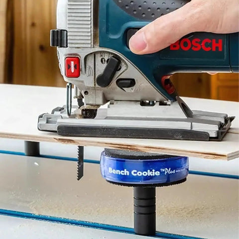 4 Pack 2 Inch T Track Risers for Bench Cookie Plus or Connect in use with jigsaw cutting wood, showing extra height clearance