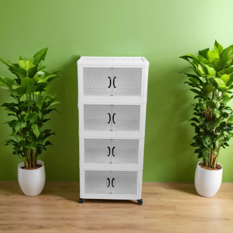 Heavy Duty Four Tier Wheeled Storage Cart With Lids Stackable Foldable Plastic Organizer Bins in a green room with plants.