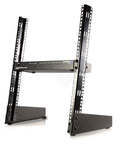 Top Shelf 12U Two Post Desktop Open Frame Rack For 19 Inch Networking And IT Gear smooth setup stand, heavy-duty black metal design.