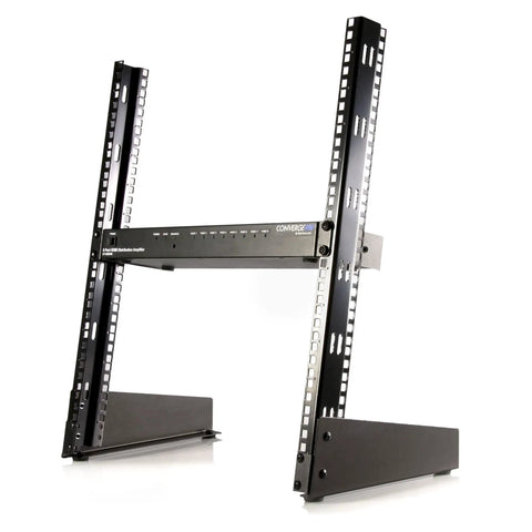 Top Shelf 12U Two Post Desktop Open Frame Rack For 19 Inch Networking And IT Gear smooth setup stand, heavy-duty black metal design.
