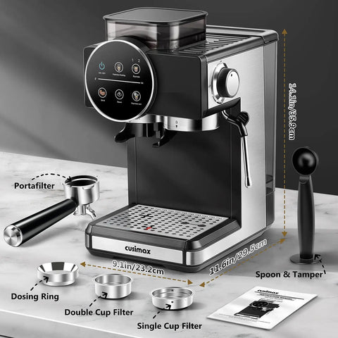 Home Espresso Machine With Grinder And Milk Frother 20 Bar Pressure Barista Quality Espresso Coffee Maker displayed with accessories on countertop
