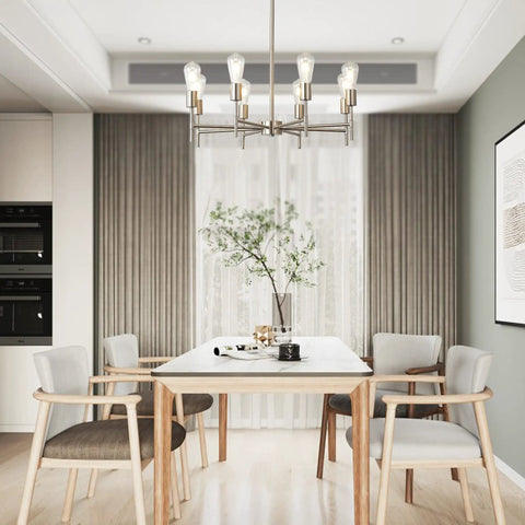 Lit Modern Sputnik Chandelier Light Fixture 6 Light Brushed Brass Pendant Ceiling Light for Dining Room and Living Room Mid Century Style Dimmable with Adjustable Hanging Length for Sloped Ceilings E26 Bulb Base in dining room setting